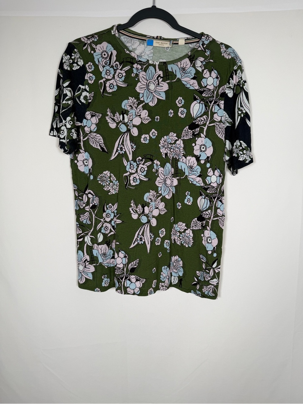 Ted Baker Green Floral Short Sleeve Tee with Pale Blue & Light Pink Blooms